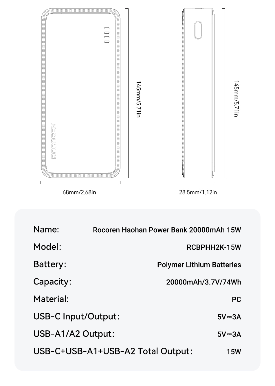 cn 11134208 820l4 Rocoren Power Bank 15W 20000mAh Charge Rapide Batterie Externe