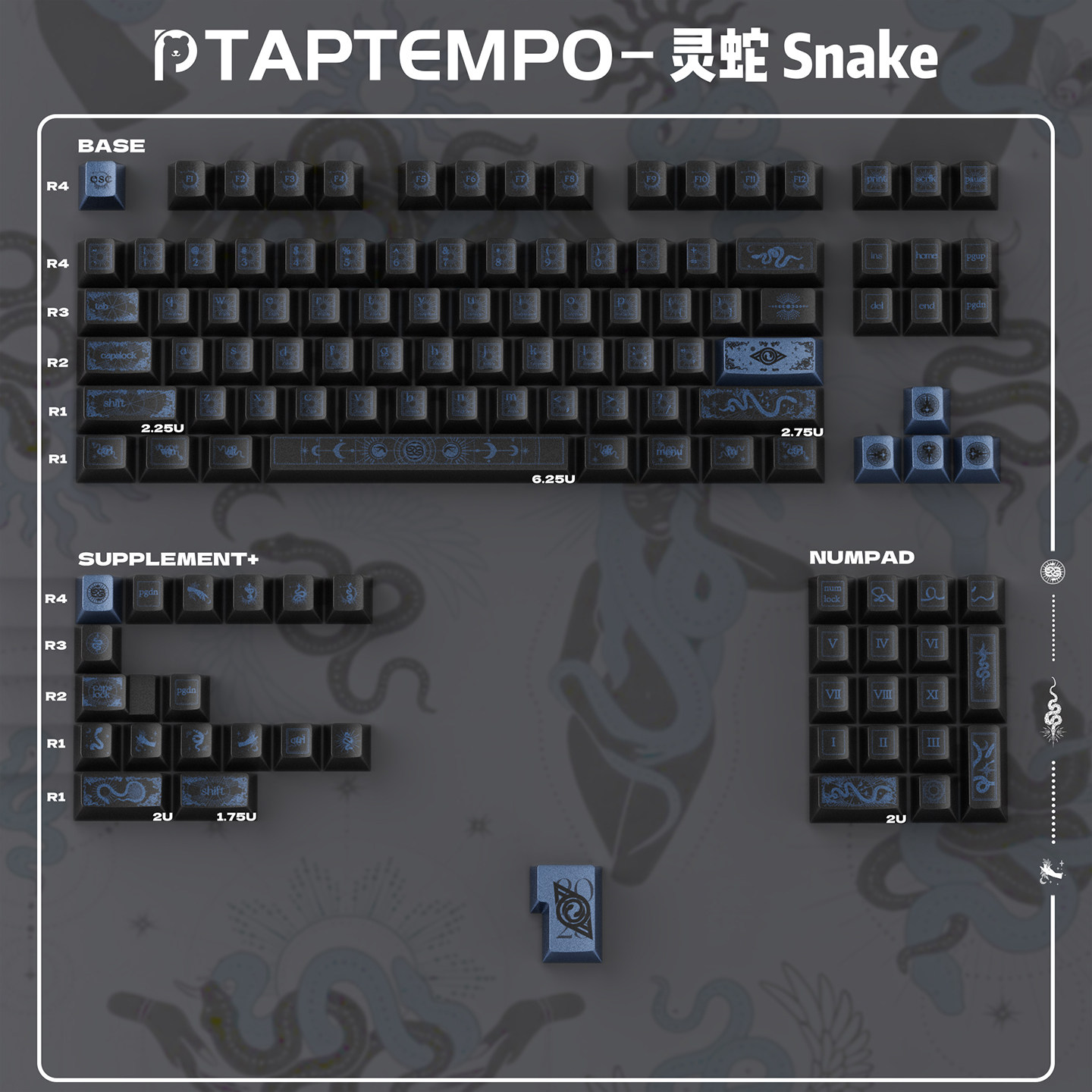 Taptempo Snake Keycaps PBT + PC Sơn kim loại Đen Tím Keycaps Bộ cho bàn ...
