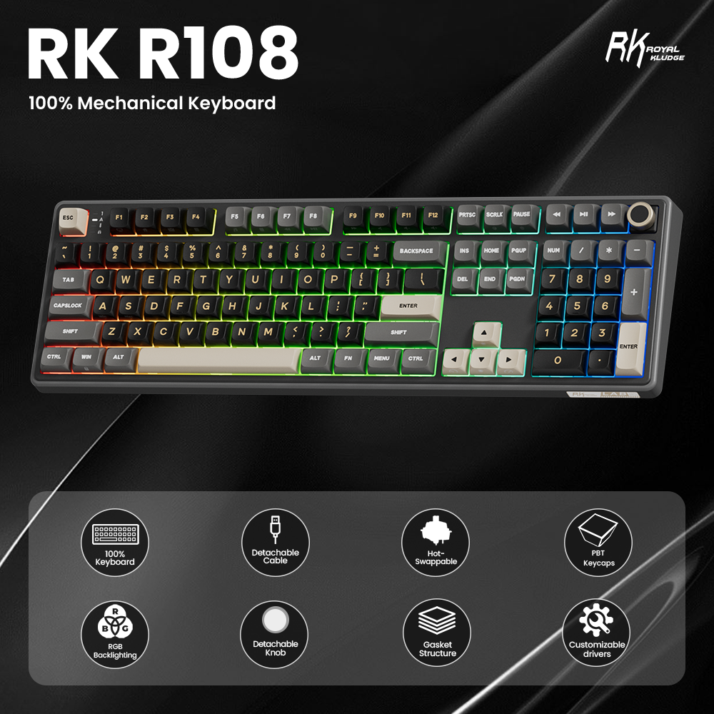 Royal Kludge RK R108 Bố cục 100% RGB Có dây Trò chơi chuyên nghiệp ...