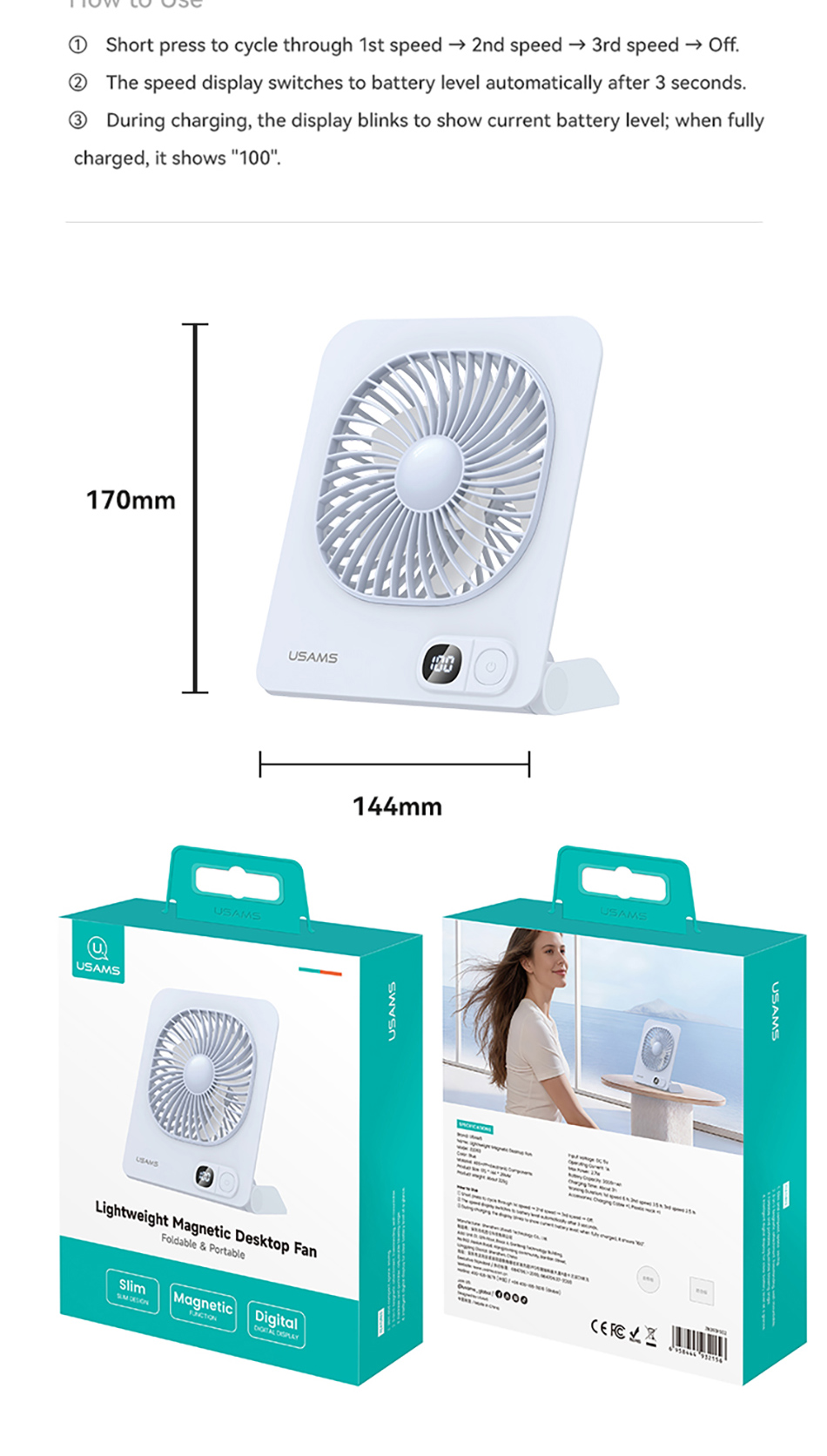 Hộp phụ kiện đầy đủ của Quạt Để Bàn Kiêm Chân Đế Từ Tính USAMS ZB363