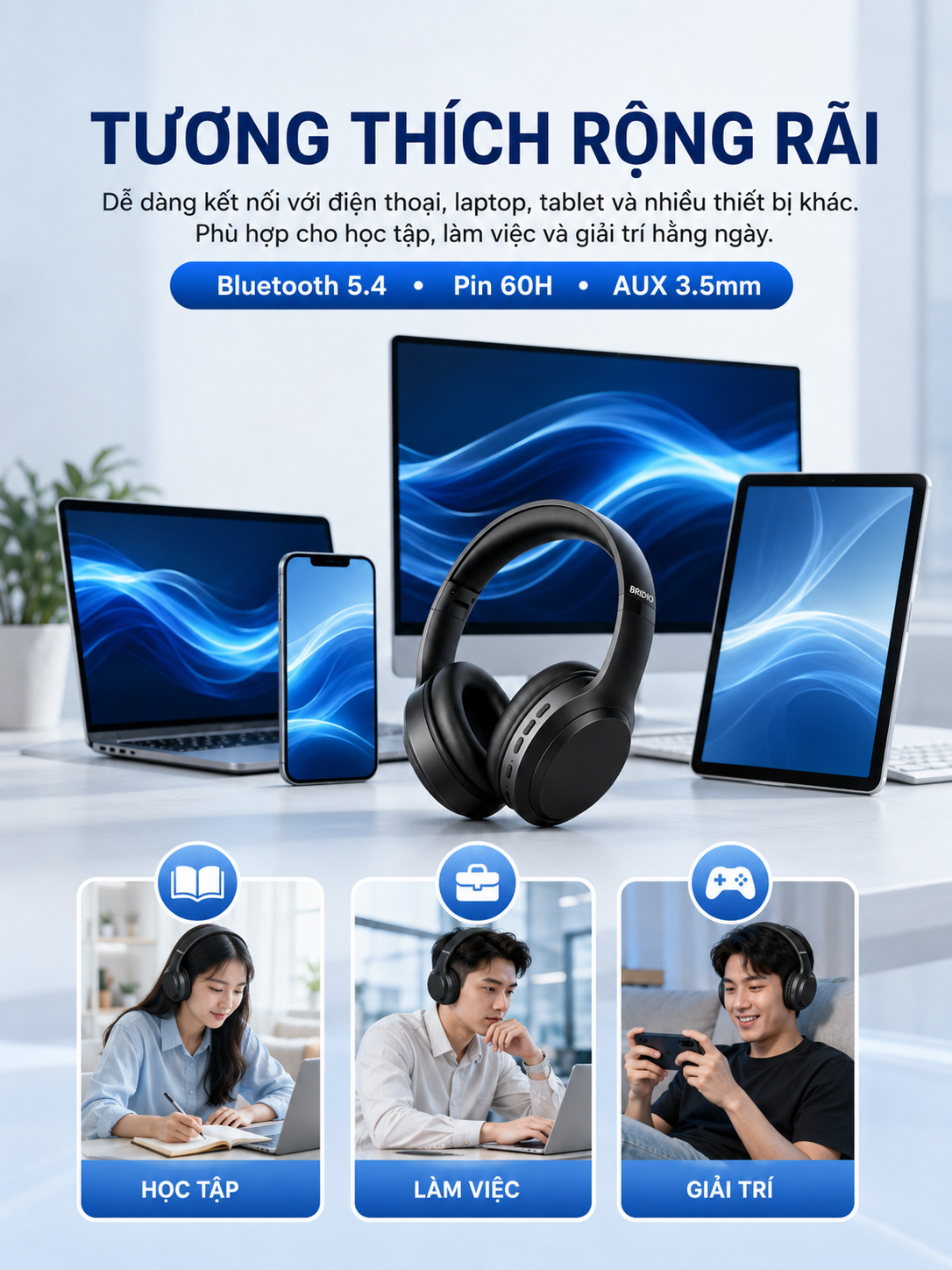 BRIDIO M16 Tai Nghe Chụp Tai Bluetooth 5.4 Có Micro Hỗ Trợ AUX 3.5mm ...