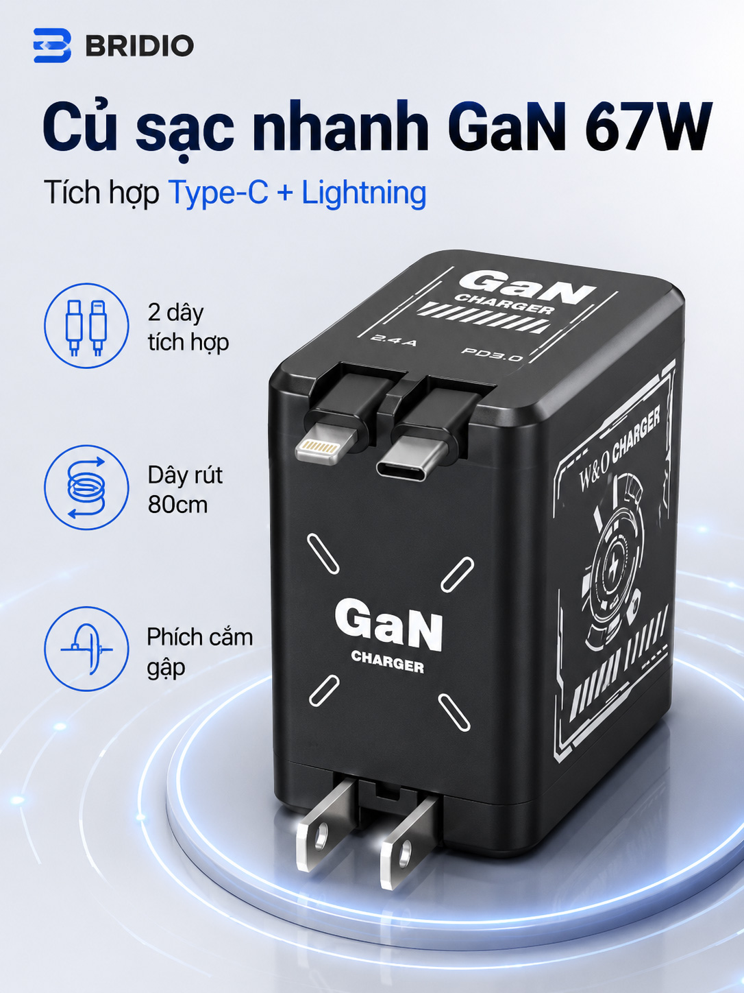 Củ Sạc Nhanh Bridio 67W GaN Có Dây Rút, Tích Hợp Type-C & Lightning ...
