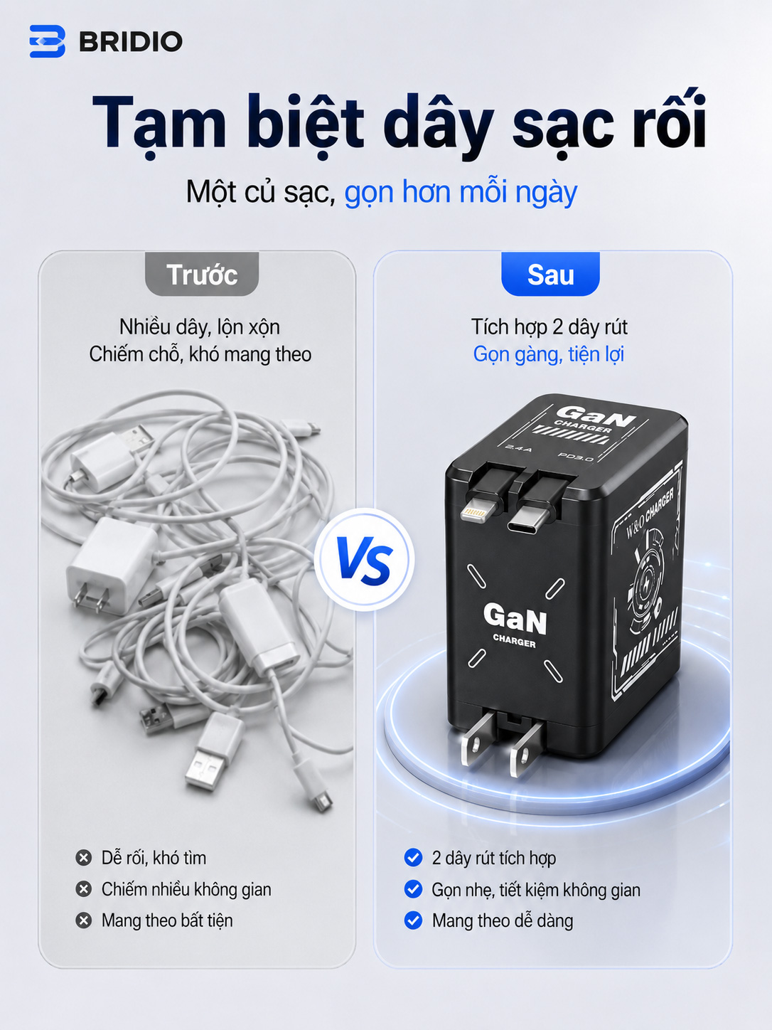 Củ Sạc Nhanh Bridio 67W GaN Có Dây Rút, Tích Hợp Type-C & Lightning ...