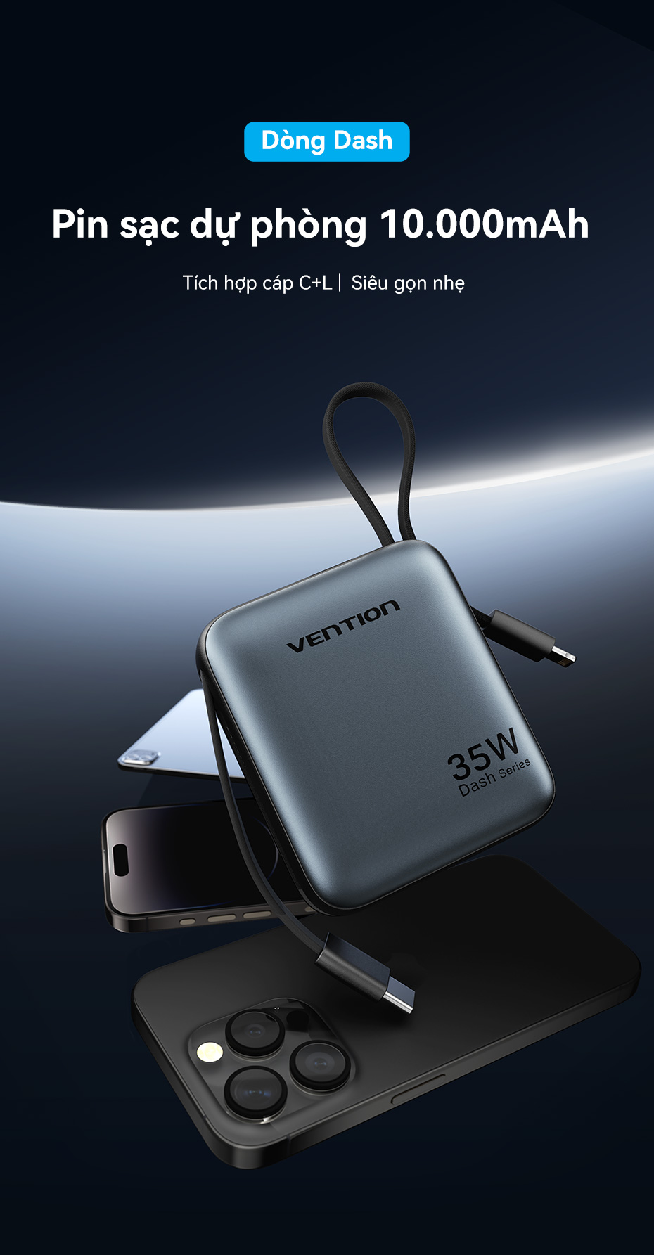 Vention Sạc Dự phòng 10000mAh có sạc nhanh 35W Super Mini – Cáp tích hợp Type C - PD, màn hình LED - kỹ thuật số - Pin dự phòng Sạc Nhanh 35W Cho Điện Thoại, Máy Tính Bảng - Thiết… – ảnh mô tả chi tiết 1
