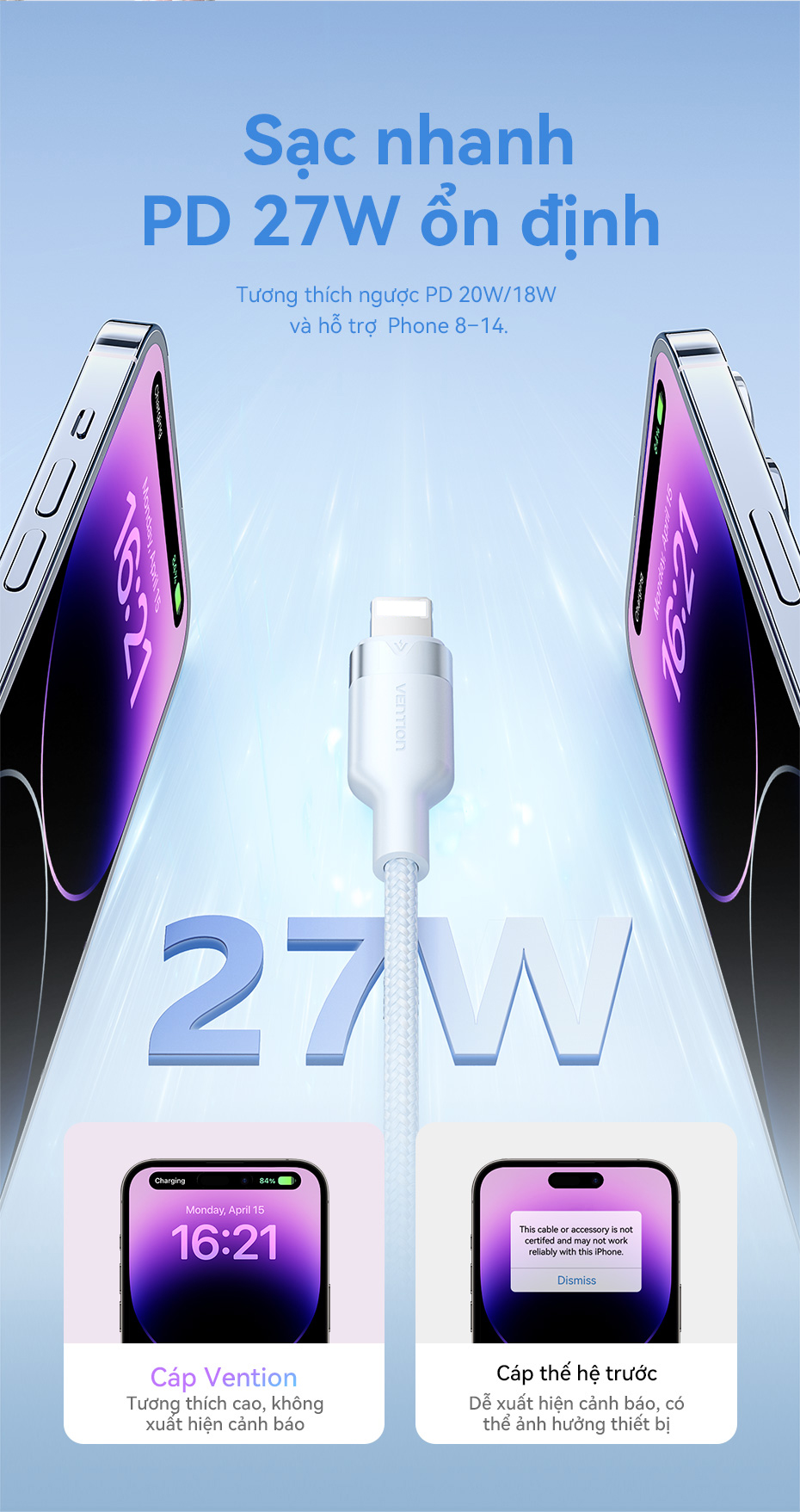 Vention Cáp Sạc Nhanh 27W PD USB-C Lightning 1.2m - Cho iPhone 14/13/12/11 & iPad - Chính Hãng, Sạc Nhanh 27W – ảnh mô tả chi tiết 4