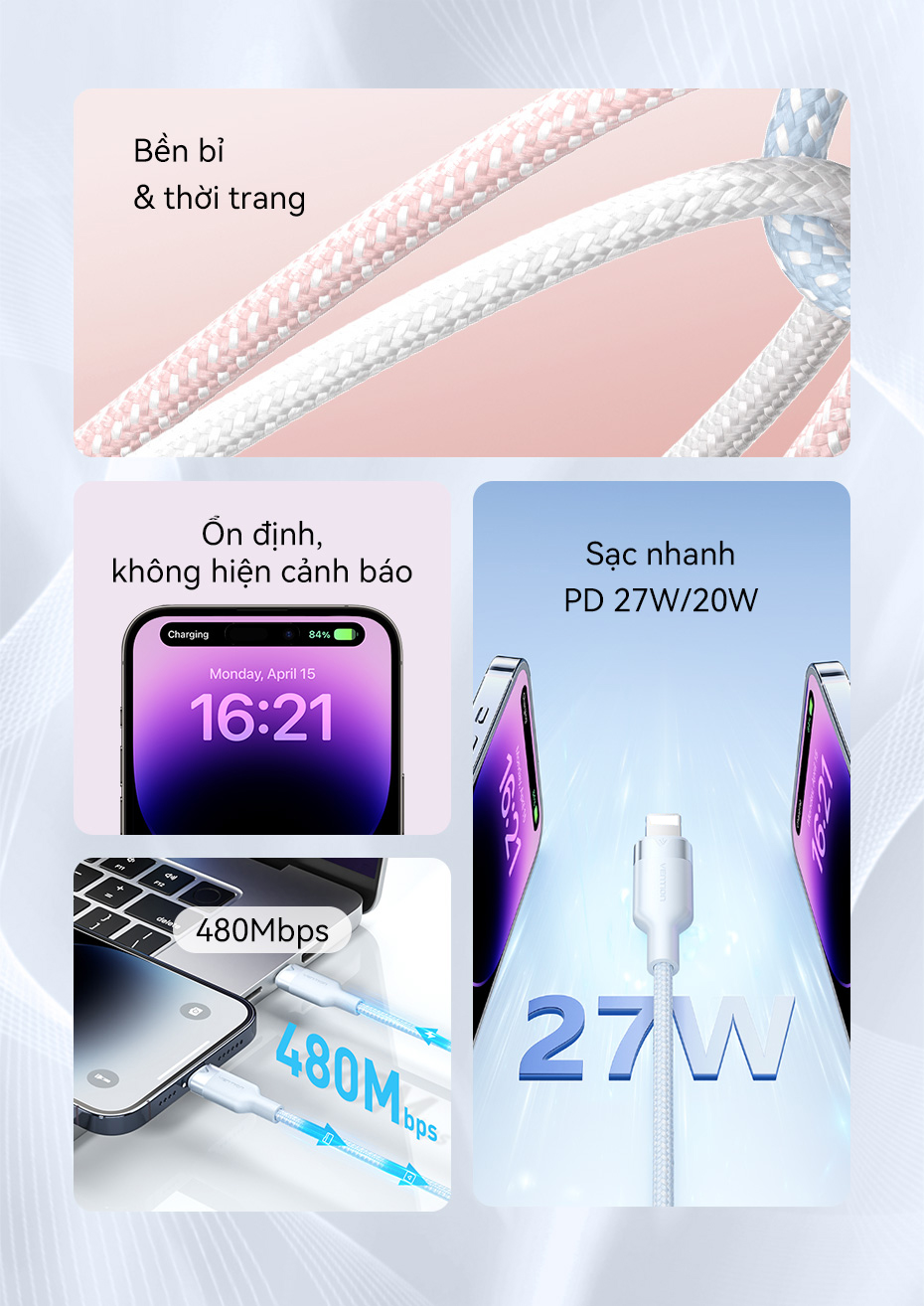 Vention Cáp Sạc Nhanh 27W PD USB-C Lightning 1.2m - Cho iPhone 14/13/12/11 & iPad - Chính Hãng, Sạc Nhanh 27W – ảnh mô tả chi tiết 2
