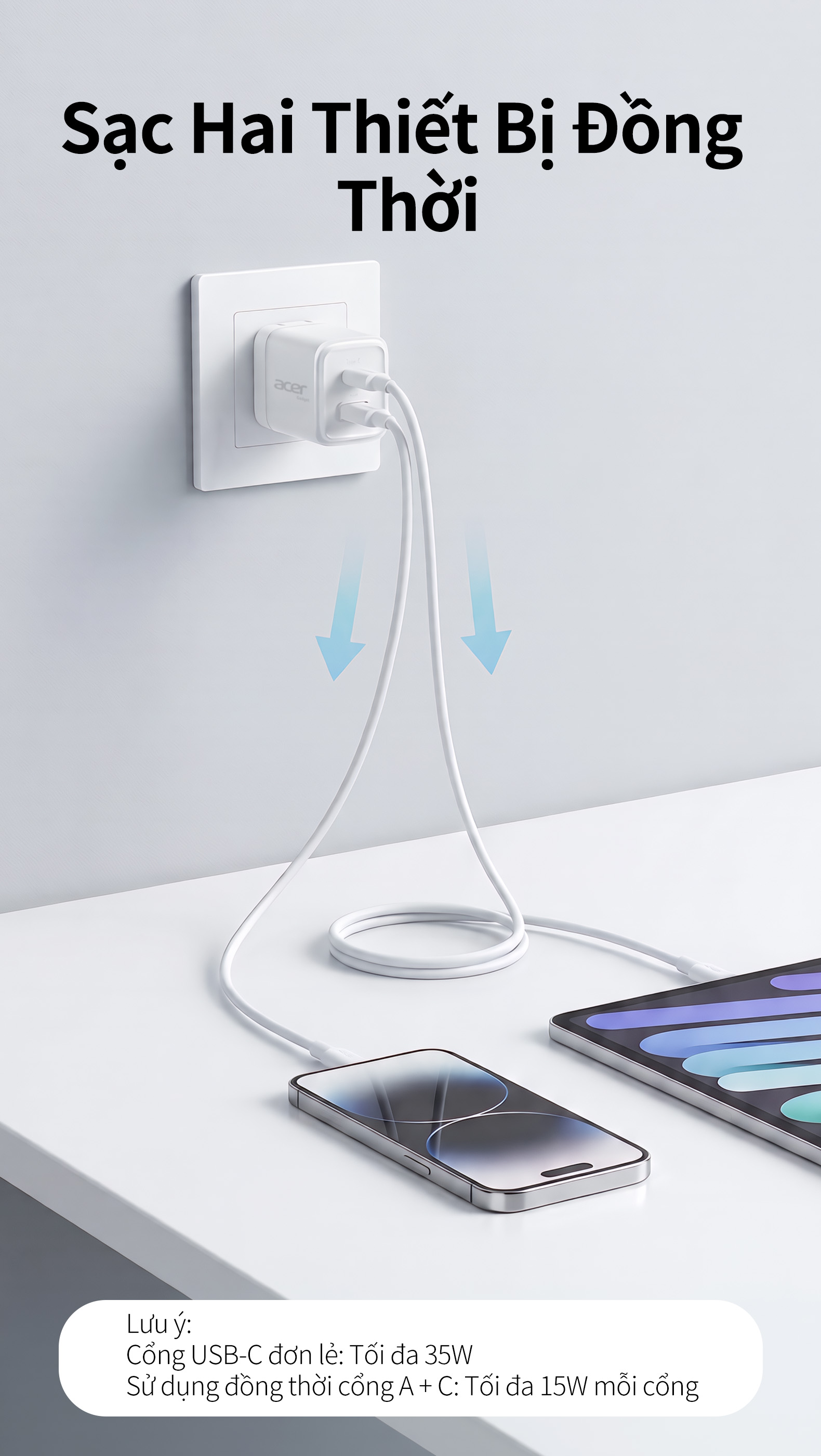 Acer gadget GaN 35W Sạc USB-A PD3.0 QC3.0 Củ Sạc Nhanh TypeC Cho IP 15 14 13 Pro Samsung Xiaomi iPad Pro PD35AC – ảnh mô tả chi tiết 3