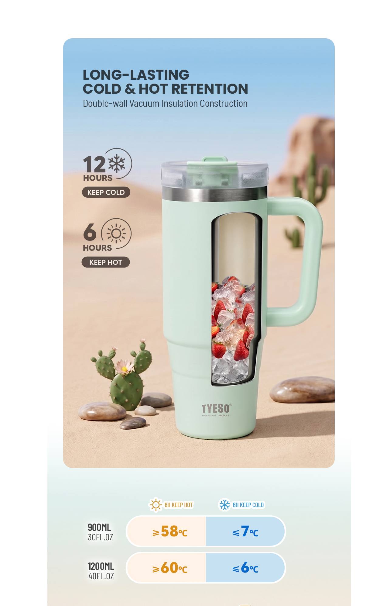 TYESO Ly Giữ Nhiệt Inox 304 900ml/1200ml Có Ống Hút Bật, Quai Cầm, Lớp ...