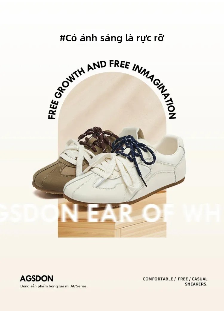 Agsdon Giày Thể Thao Nữ Màu Trắng Kem Phối Dây Kép – Sneaker Nữ Đế Bằng Phong Cách Hàn Quốc Vintage Đi Học Đi Làm