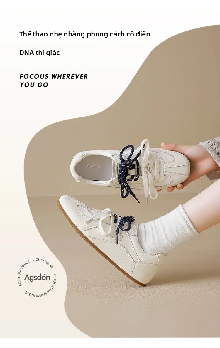 Agsdon Giày Thể Thao Nữ Màu Trắng Kem Phối Dây Kép – Sneaker Nữ Đế Bằng Phong Cách Hàn Quốc Vintage Đi Học Đi Làm