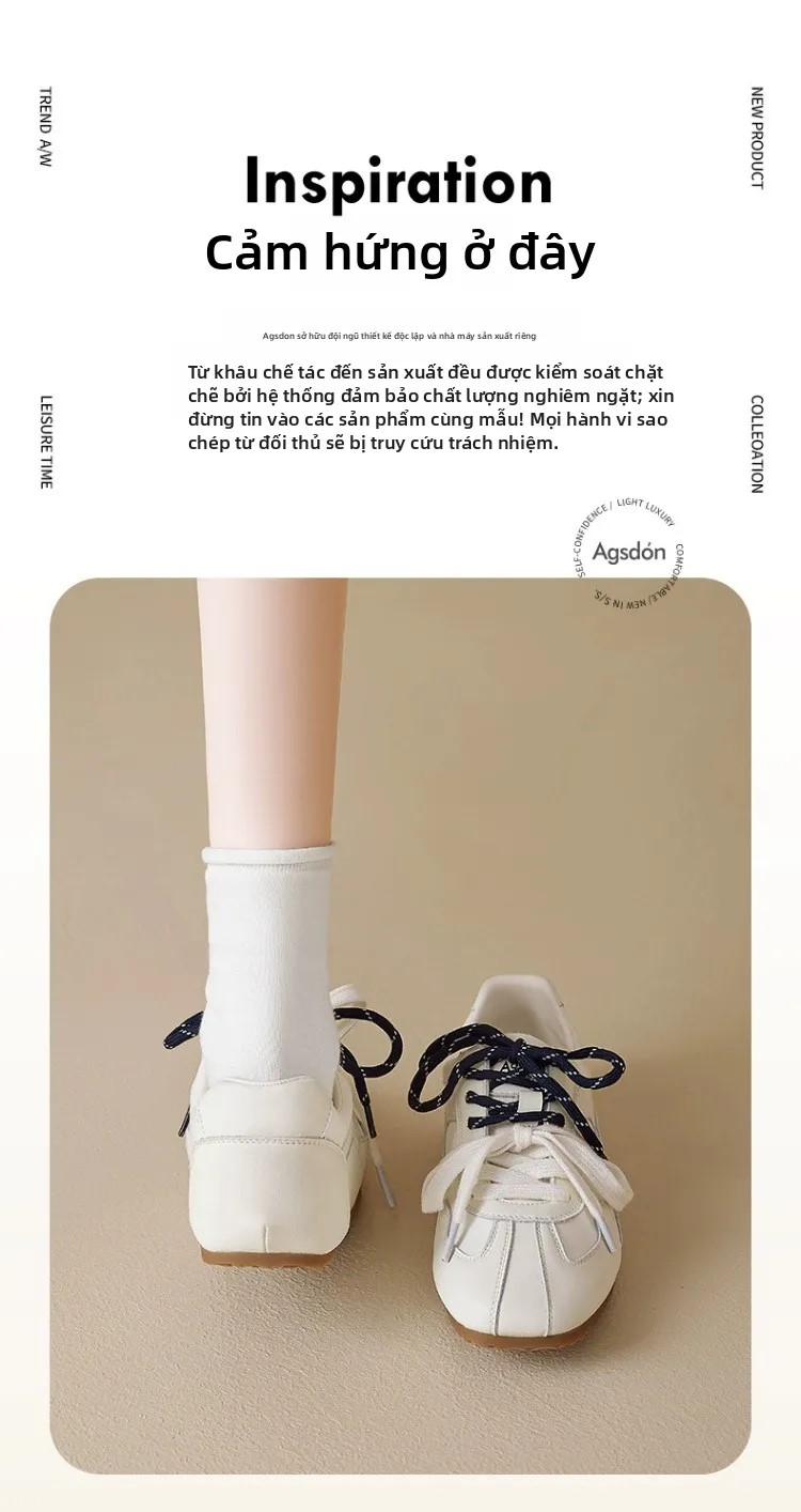 Agsdon Giày Thể Thao Nữ Màu Trắng Kem Phối Dây Kép – Sneaker Nữ Đế Bằng Phong Cách Hàn Quốc Vintage Đi Học Đi Làm