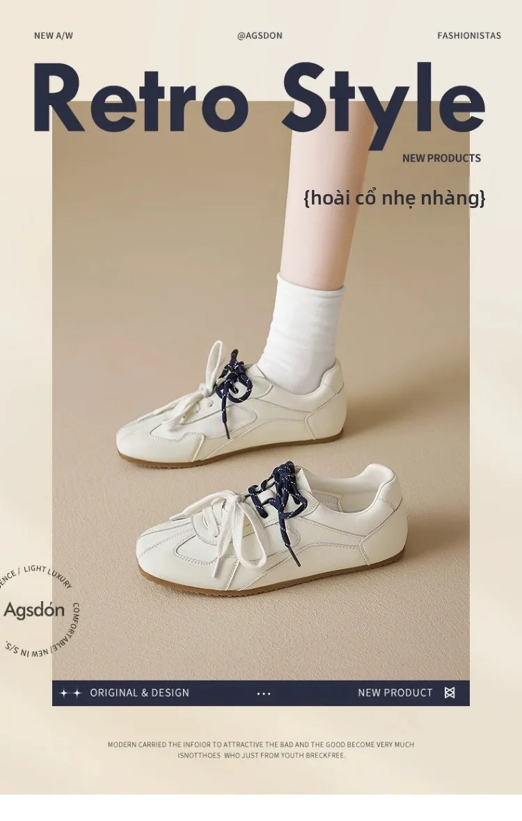 Agsdon Giày Thể Thao Nữ Màu Trắng Kem Phối Dây Kép – Sneaker Nữ Đế Bằng Phong Cách Hàn Quốc Vintage Đi Học Đi Làm