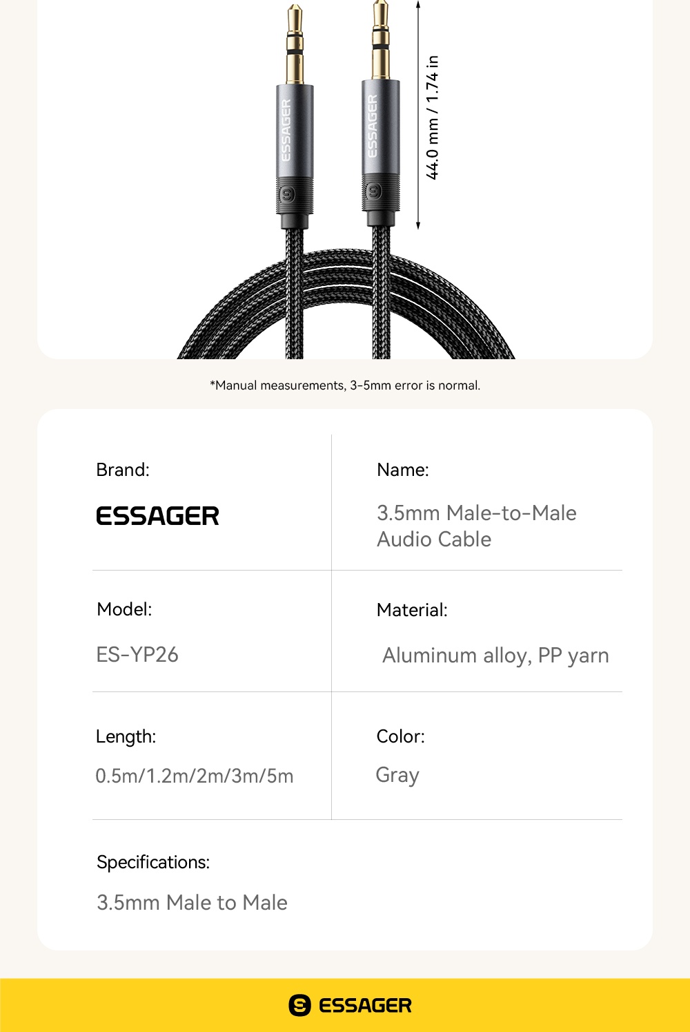 Cáp âm thanh nam sang nam Essager 3,5mm / 6,5mm tương thích rộng rãi