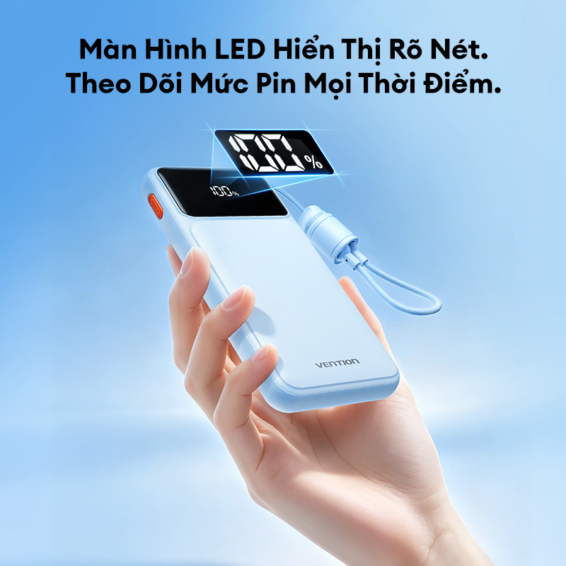 Vention Sạc dự phòng 20000mAh có cáp Type-C tích hợp - Sạc nhanh 22,5W, cổng kép, màn hình LED, bảo hành chính hãng, lý tưởng cho du lịch - Dùng cho iPhone, Samsung, Xiaomi, OPPO – ảnh mô tả chi tiết 3