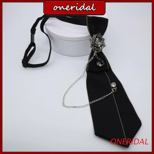 Gothic Black Necktie Rhinestones Pendant Metal Chain Evening Party Pre Tied Tie