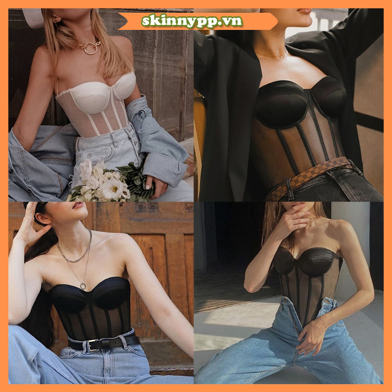 Áo Corset Cúp Ngực Phối Lưới Lưng Cột Dây Gợi Cảm Cho Nữ