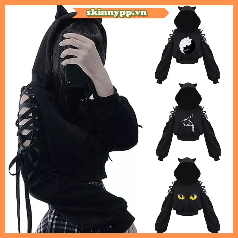 Áo Hoodie Croptop Dáng Rộng Hở Vai Tay Dài Khoét Lỗ Hở Vai Đính Tai Mèo Dễ Thương Phong Cách Harajuku Cho Nữ