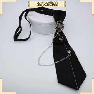 Gothic Black Necktie Rhinestones Pendant Metal Chain Evening Party Pre Tied Tie