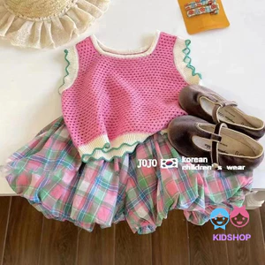 Bộ Áo Dệt Kim Sát Nách Màu Hồng Kẻ Sọc Phối Quần Short Thời Trang Mùa Hè Cho Bé Gái