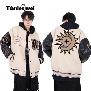 Tianlesiwei Áo Khoác Bóng Chày Thêu Hình Ngọn Lửa Và Ngôi Sao Phong Cách hip hop Đường Phố Mùa Thu Mỹ Cổ Điển