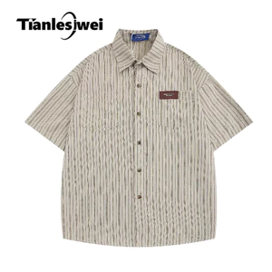 Tianlesiwei Xu hướng mùa hè đẹp trai Áo sơ mi phong cách Hồng Kông sọc Nhật Bản áo sơ mi unisex ngắn tay