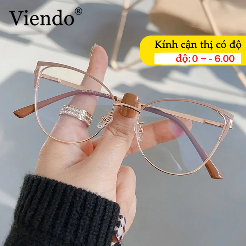 Gọng Kính Mắt Mèo Nữ VIENDO Kính Giả Cận Kim Loại Chống Tia UV Ánh Sáng Xanh Đổi Màu Khi Ra Nắng Thời Trang -1.0/-2.0/-3.0/-4.0/-5.0/-6.0
