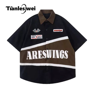 Tianlesiwei Mùa hè băng lụa mỏng áo sơ mi đua dành cho nam và nữ Mỹ retro thêu xe máy áo sơ mi ngắn tay