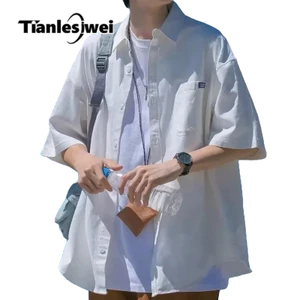 Tianlesiwei Áo sơ mi thương hiệu cao cấp dáng rộng mùa xuân thu Nhật Bản cityboy áo sơ mi ngắn tay đơn giản dành cho nam và nữ