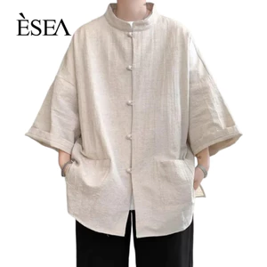Áo sơ mi nam ESEA Thời trang và phổ biến phong cách mùa hè mới phong cách Trung Quốc vải lanh phong cách Trung Hoa Dân Quốc chất lượng cao Áo sơ mi dài phong cách unisex áo sơ mi ngắn tay