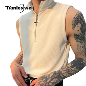 Tianlesiwei Mùa Hè Không Tay Đứng Cổ Áo Ôm Phong Cách Hàn Quốc Đa Năng Thường Ngày Ngôi Sao Dây Kéo Áo Vest