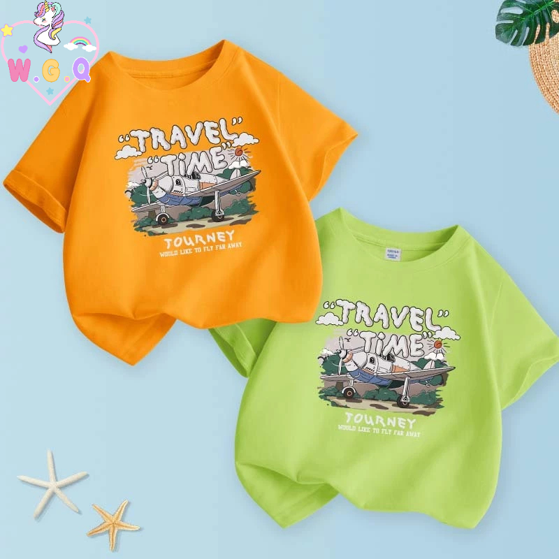 [110cm-160cm]Áo thun bé trai WGQ cotton nguyên chất mẫu mới 2024 ngắn tay in hình độc đáo