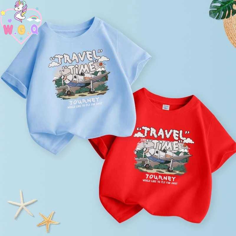 [110cm-160cm]Áo thun bé trai WGQ cotton nguyên chất mẫu mới 2024 ngắn tay in hình độc đáo