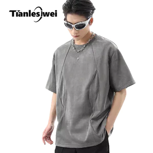 Tianlesiwei Mùa hè retro da lộn màu trơn cổ tròn Áo thun ngắn tay dáng rộng giải cấu trúc đường phố cao cấp Mỹ