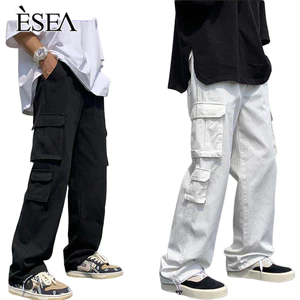 Esea Quần túi hộp nam hiphop ống rộng màu trắng, cargo nhiều túi, phong cách Hàn Quốc