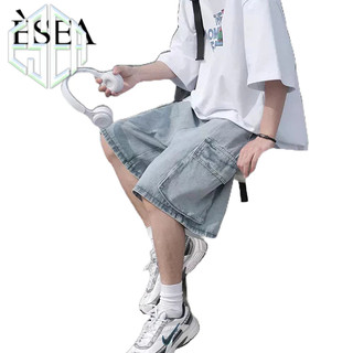 Quần Short Denim Dáng Rộng Phối Túi Lớn Phong Cách Retro Mỹ Cao Cấp Cho Nam