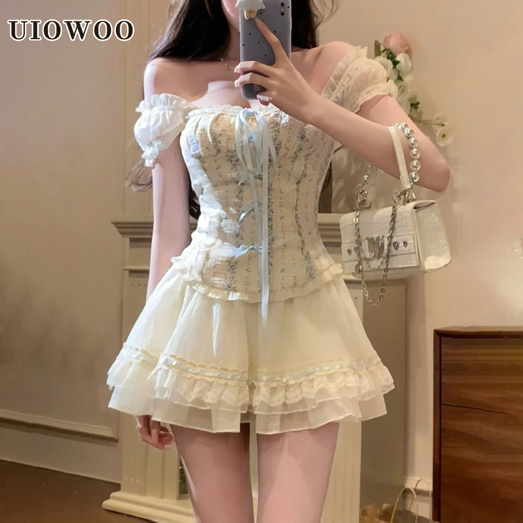 Uiowoo Mùa Hè Phong Cách Mới Tinh Khiết Desire Phong Cách Ngọt Ngào Họa Tiết Hoa Ngắn Váy Bộ Đồ Hai Mảnh