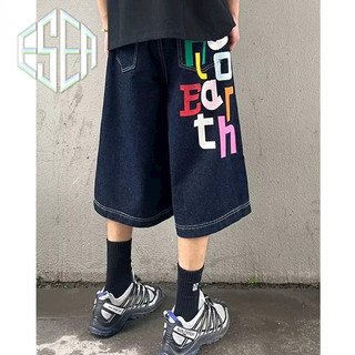 Quần short denim nam ESEA American retro dáng rộng giản dị chất lượng cao phong cách trung tính nhiều màu sắc in chữ quần short bảo hộ lao động