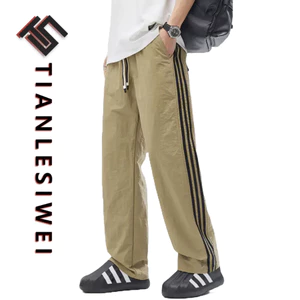 Tianlesiwei Quần ống rộng lưới mùa hè thể thao ba thanh nối sọc quần khô nhanh