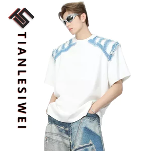 Tianlesiwei Áo thun đeo vai đơn giản mùa hè phiên bản Hàn Quốc của áo thun denim viền thô khâu cổ tròn tay ngắn