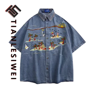 Tianlesiwei American retro thêu phong cách trung lập áo sơ mi mùa hè dáng rộng denim áo sơ mi ngắn tay