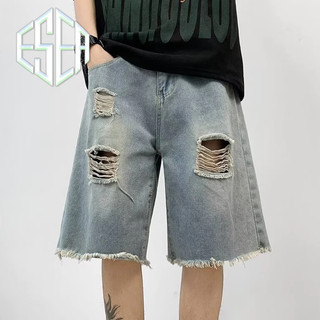 Quần short denim nam ESEA, kiểu cổ điển kiểu Mỹ, dáng rộng giản dị, thiết kế viền thô, quần short denim rách