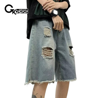 Quần short denim nam Gksss, kiểu retro Mỹ, dáng rộng giản dị, thiết kế viền thô, quần short denim rách