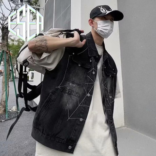 Áo vest denim nam ESEA kiểu Mỹ cổ điển dáng rộng giản dị mát mẻ phong cách hip-hop áo ghi lê không tay nhện