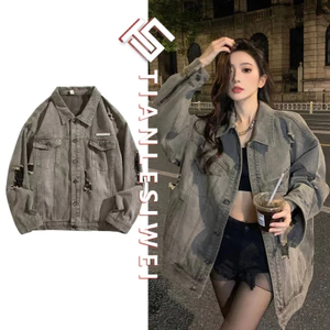 Tianlesiwei Mùa thu retro nam nữ dáng rộng và đẹp trai áo khoác giặt phong cách Mỹ áo khoác denim rách phong cách đất hoang
