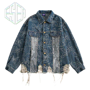 Áo khoác Denim nam ESEA American Retro Thương hiệu thời trang Bướm Jacquard Rách Denim