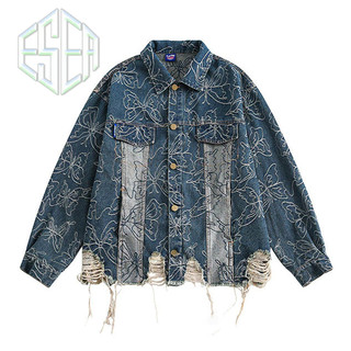 Áo khoác Denim nam ESEA American Retro Thương hiệu thời trang Bướm Jacquard Rách Denim
