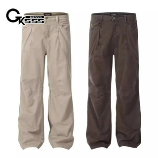 Quần jean nam Gksss phong cách Maillard dáng rộng thiết kế xếp ly thông thường giặt quần bảo hộ lao động