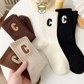 🍥jellycuty🍥 🧦Tất Cổ Cao Nữ Họa Tiết Chữ C, Vỡ Cổ Cao Họa Tiết Chữ C Vải Cotton Mềm Mịn