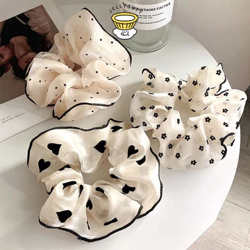 🍥jellycuty🍥Cột Tóc Vải Scrunchies Họa Tiết Vintage Hàn Quốc, Dây Buộc Tóc Scrunchies Cứng