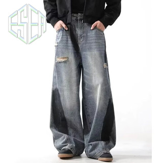 Quần jean nam ESEA American retro dáng rộng giản dị phong cách trung lập graffiti rách quần jean